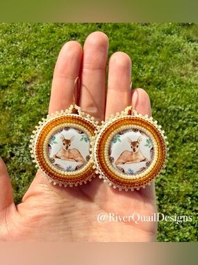 Handmade Beaded Deer Medallion Earrings: Cream, Gold, Brown. Native Made